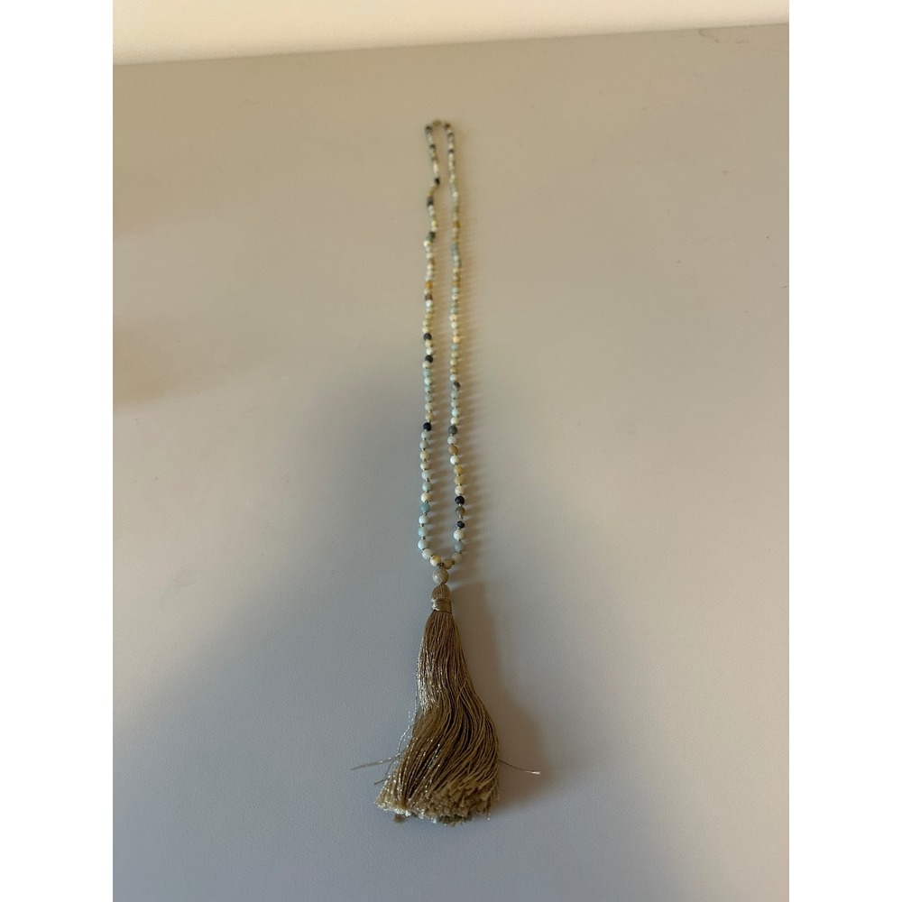 Long Boho Natural Stone Hand Knotted Mala Necklace with Champagne Tassel